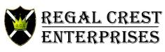 graphic logo for Regal Crest publishers. On the left is a black shield with a white 'X' and a crown with RCE embossed on it. To the right are the words Regal Crest Enterprises